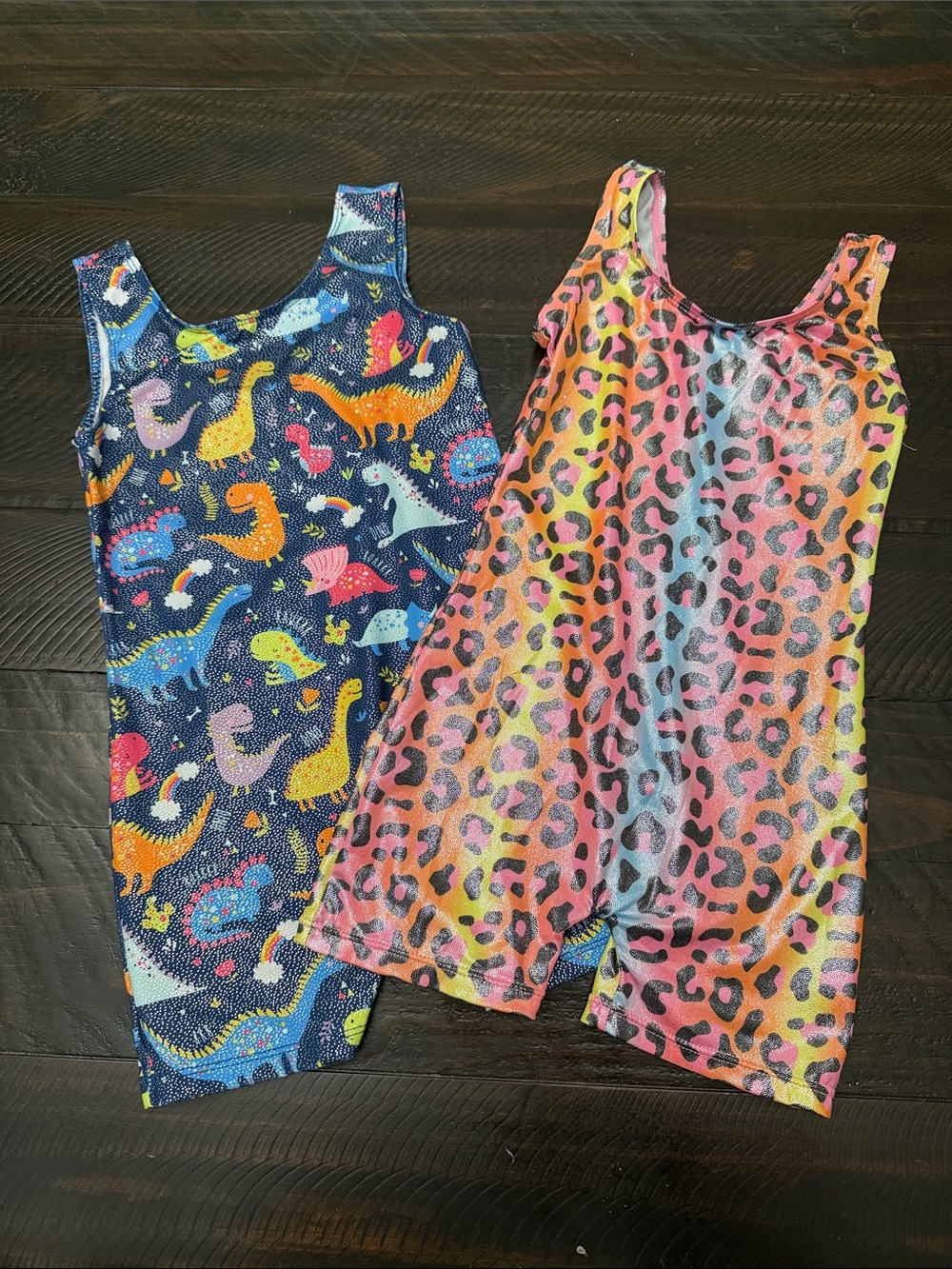 Kids Sleeveless leotards - Multicolor Dinosaur & Neon Leopard Print